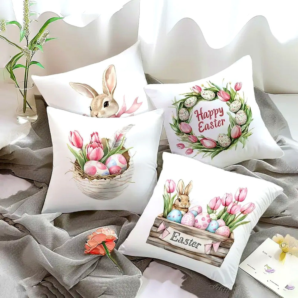 Spring Easter Cushion Covers Set of 4 with Bunny and Tulip Prints