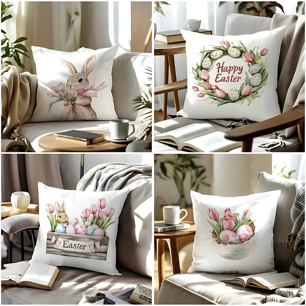 Spring Easter Cushion Covers Set of 4 with Bunny and Tulip Prints