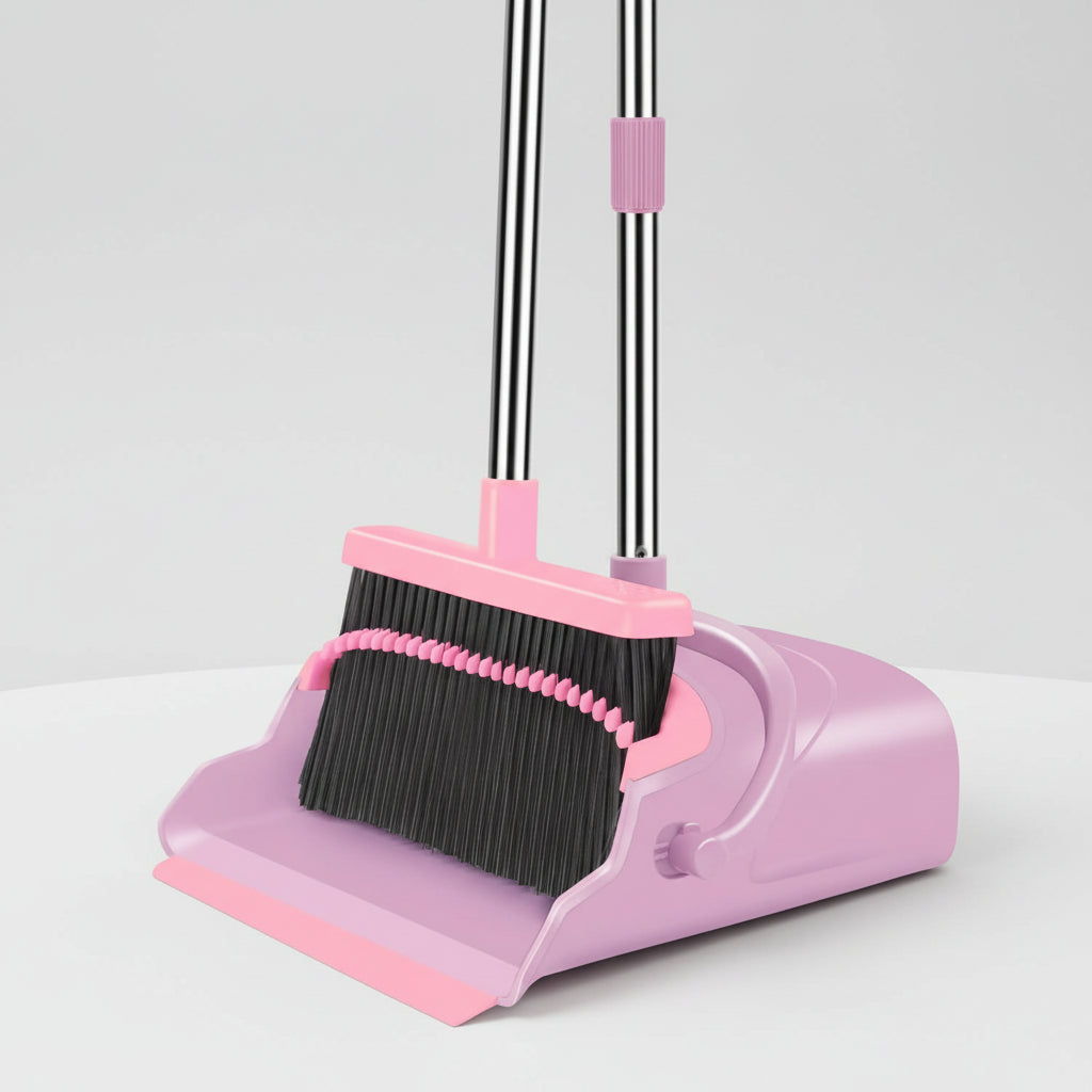 Self-Cleaning Broom and Dustpan Set with Adjustable Handle