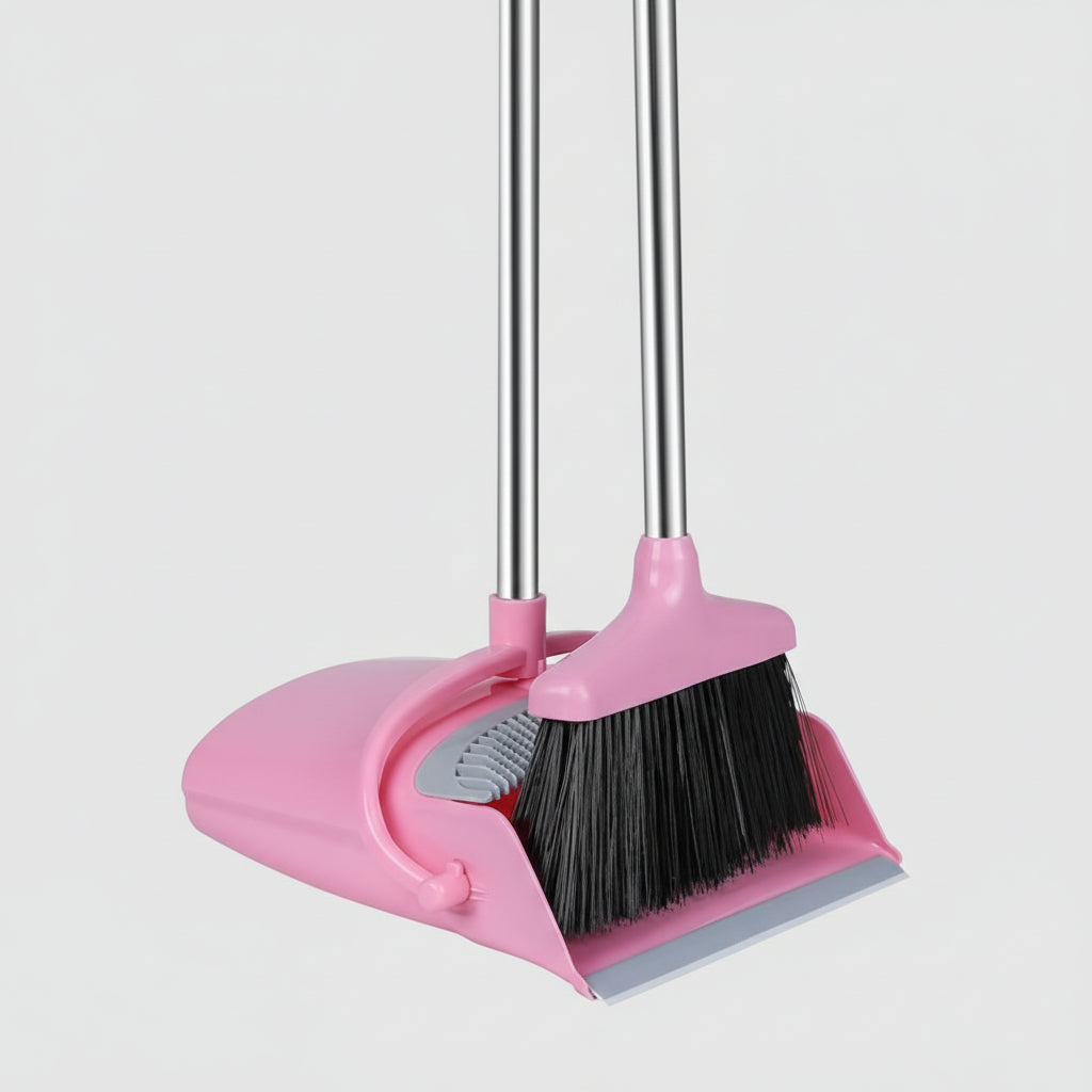 Self-Cleaning Broom and Dustpan Set with Adjustable Handle