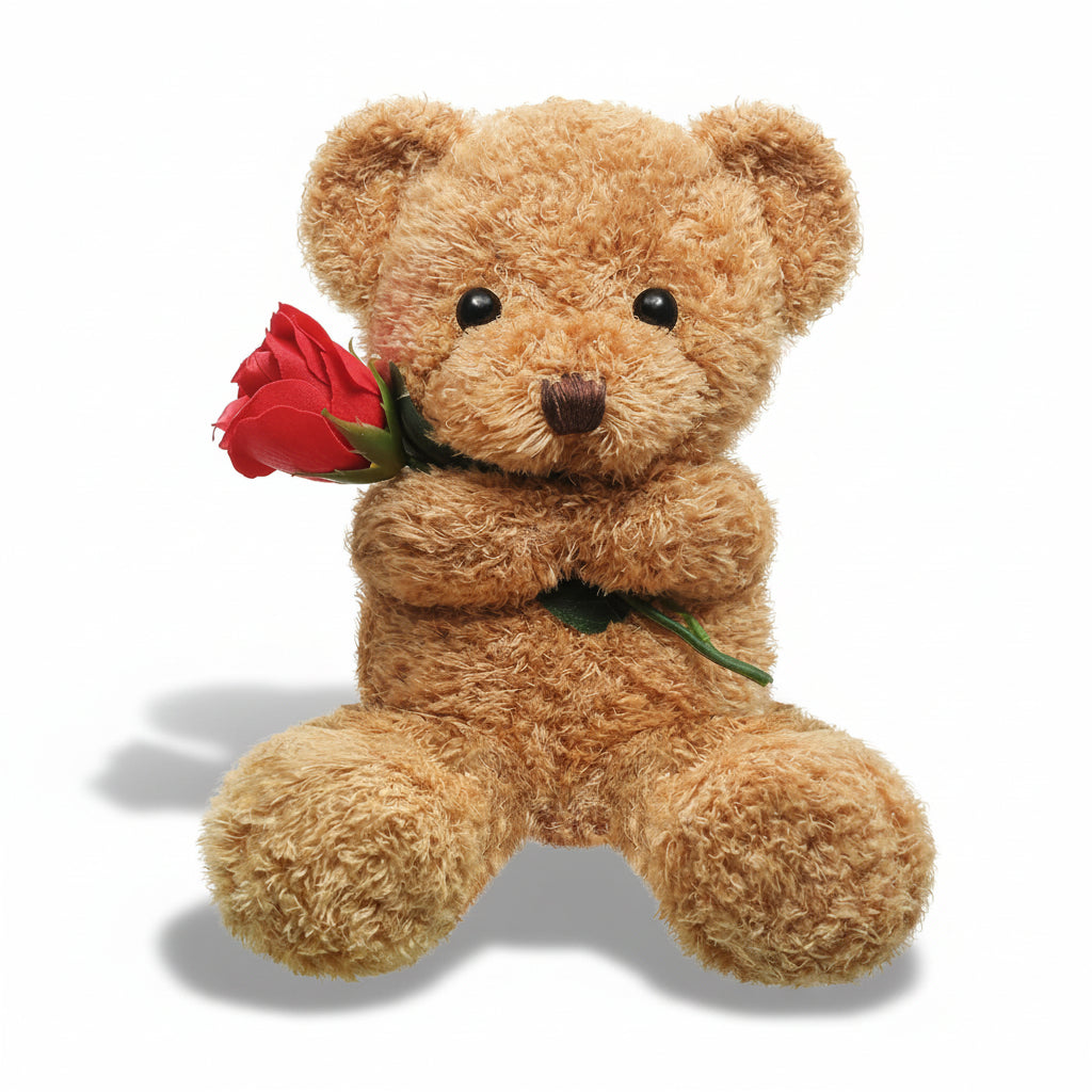 Plush Teddy Bear Holding Rose - Soft Stuffed Animal Gift