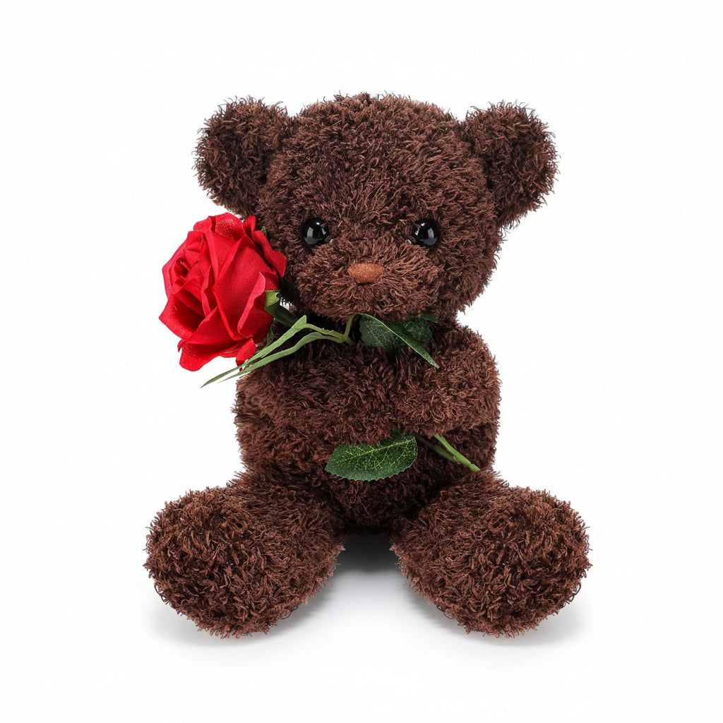 Plush Teddy Bear Holding Rose - Soft Stuffed Animal Gift