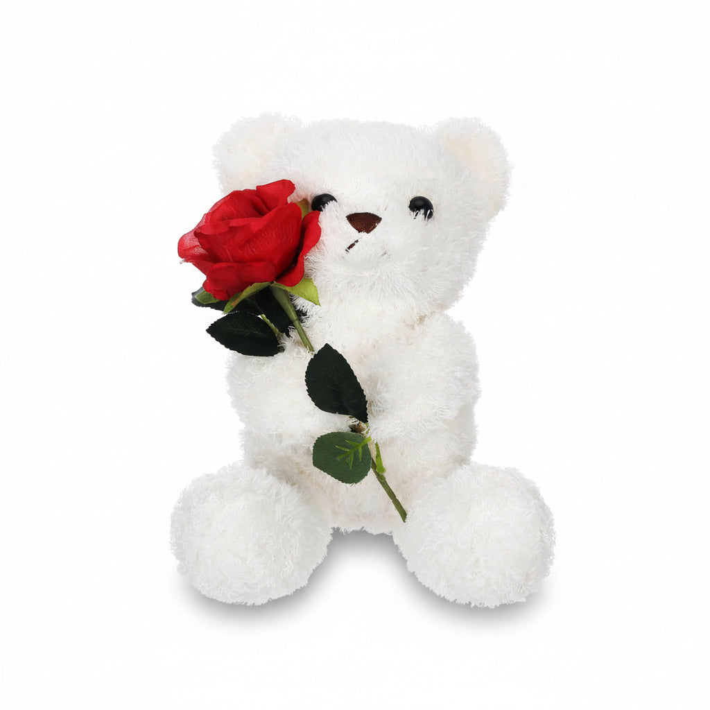 Plush Teddy Bear Holding Rose - Soft Stuffed Animal Gift
