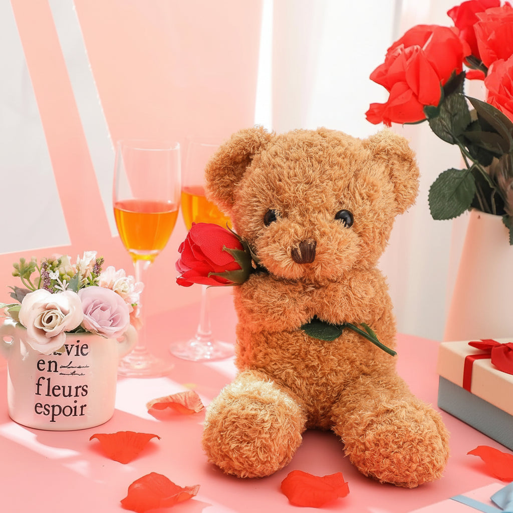 Plush Teddy Bear Holding Rose - Soft Stuffed Animal Gift