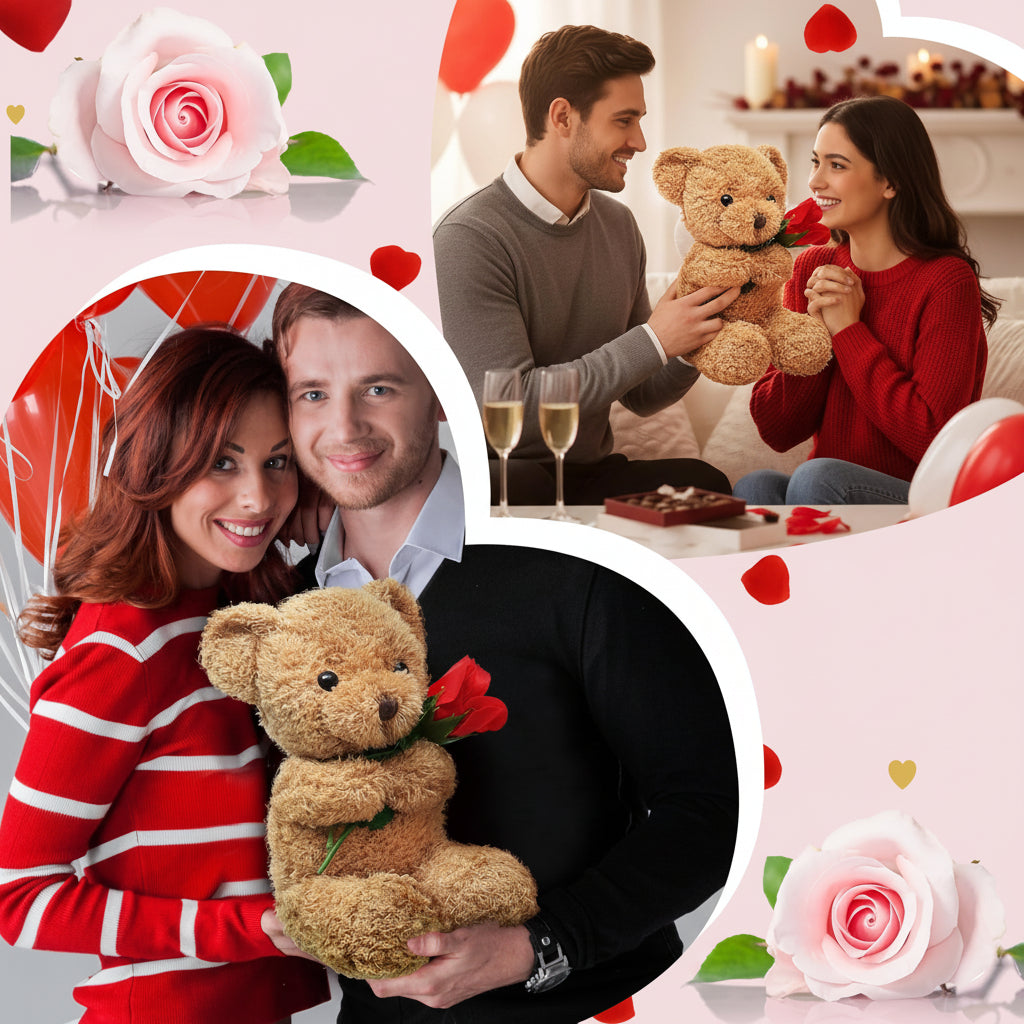 Plush Teddy Bear Holding Rose - Soft Stuffed Animal Gift