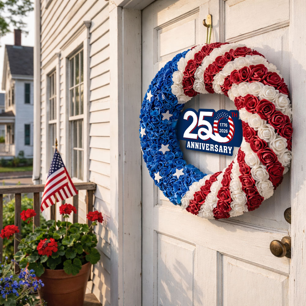 250th Anniversary American Flag Wreath with Roses and Stars