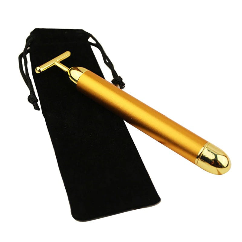 24K Gold T-Bar Facial Roller Massager with Vibration Therapy