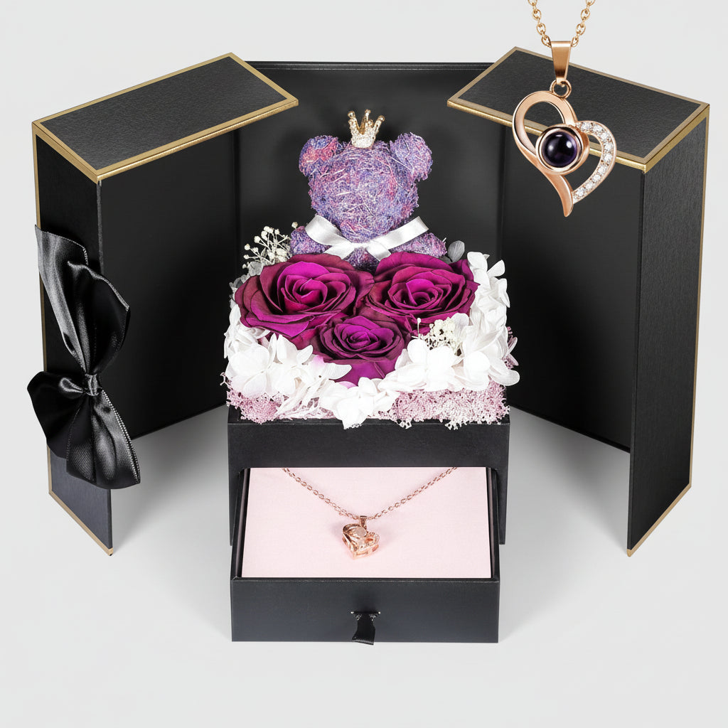 Eternal Roses with I Love You Necklace and Moss Bear Gift Set
