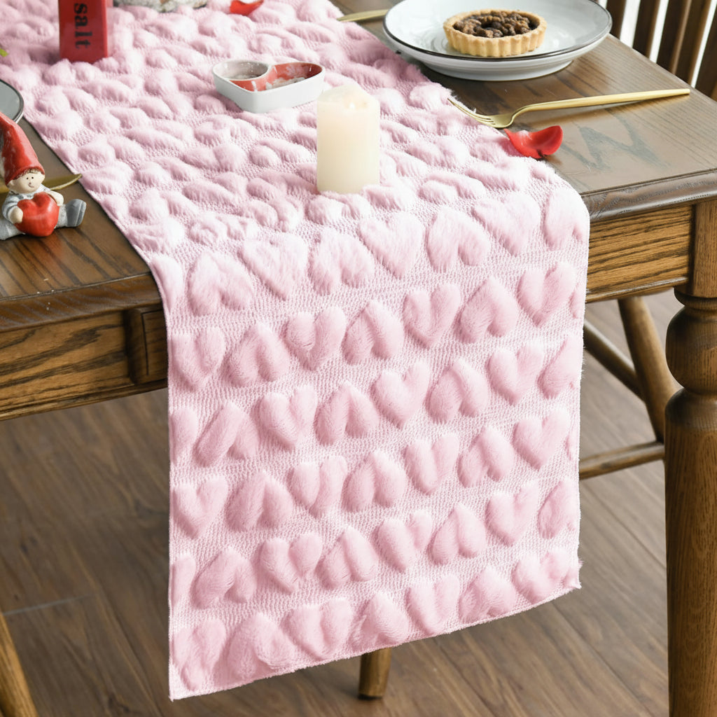 Pink Plush Jacquard Heart Table Runner for Valentine's Day