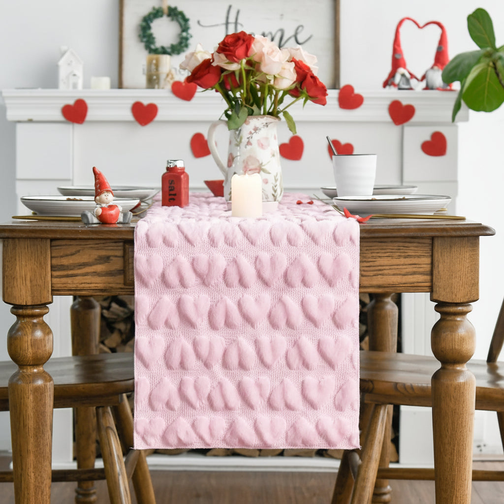 Pink Plush Jacquard Heart Table Runner for Valentine's Day