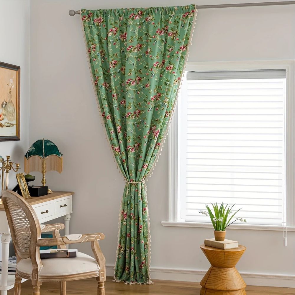 Pastoral Green Floral Tassel Curtain