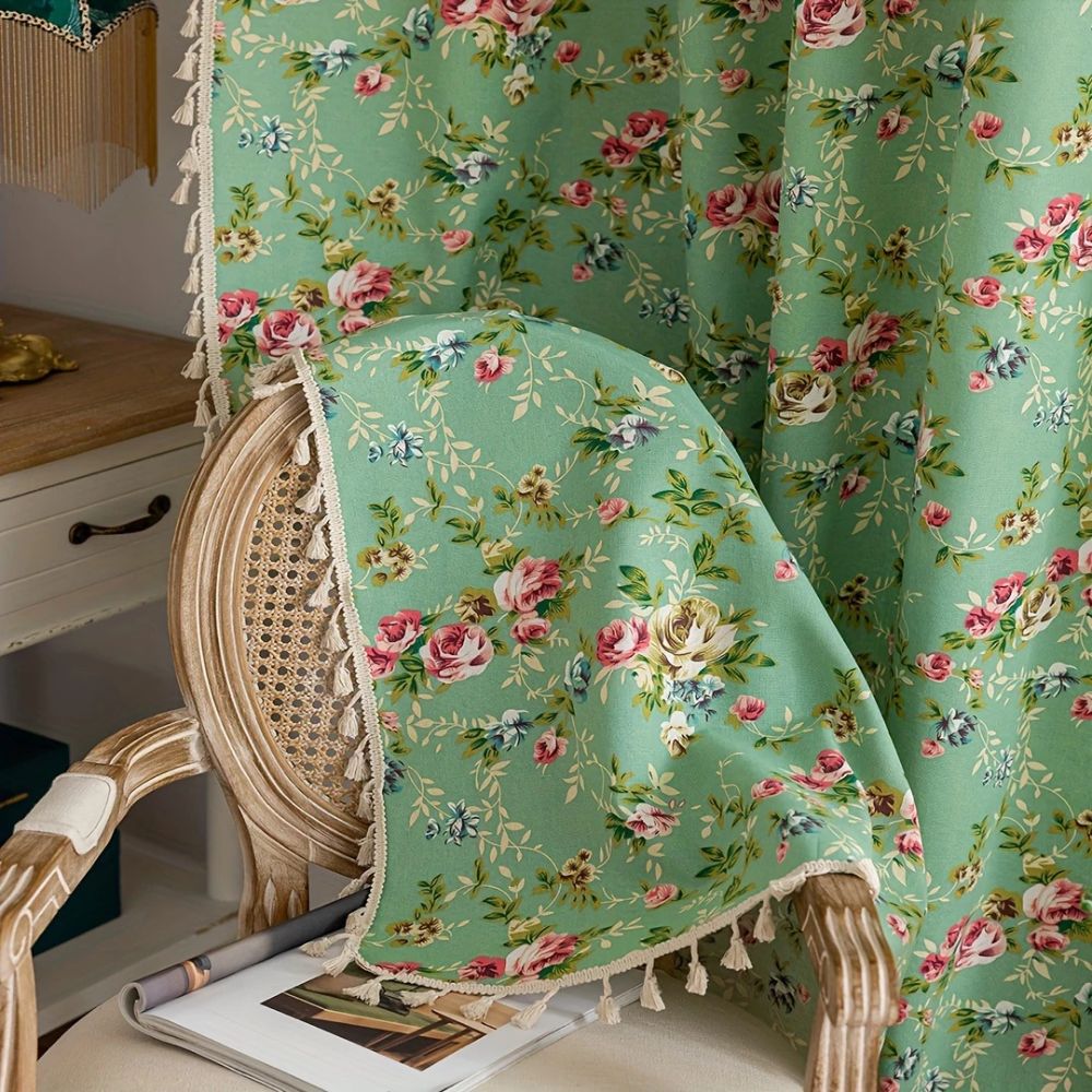 Pastoral Green Floral Tassel Curtain