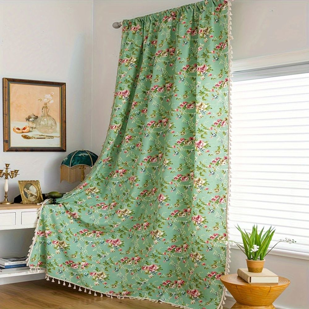 Pastoral Green Floral Tassel Curtain