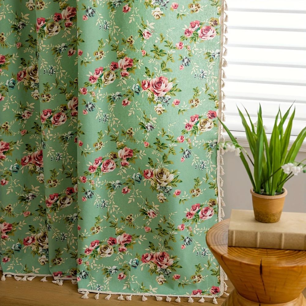 Pastoral Green Floral Tassel Curtain