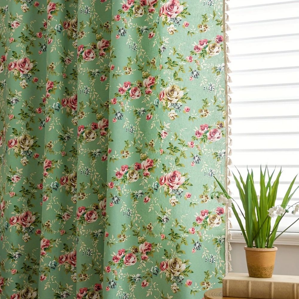 Pastoral Green Floral Tassel Curtain