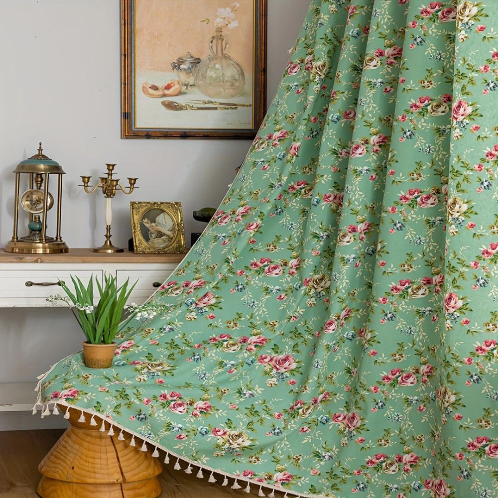 Pastoral Green Floral Tassel Curtain