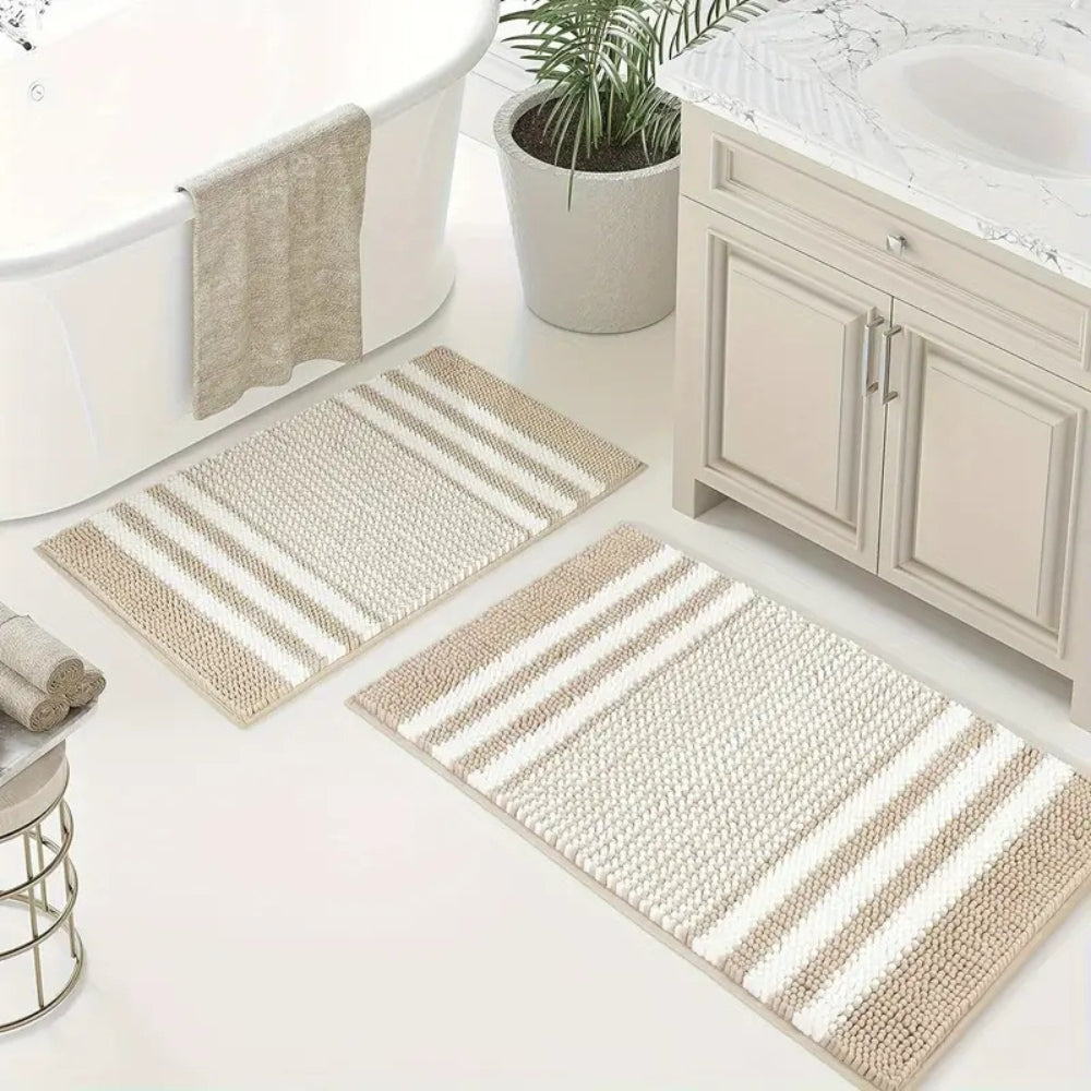 Striped Chenille Bath Mat with Non-Slip Backing