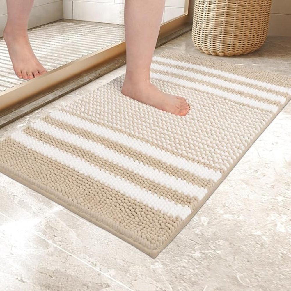 Striped Chenille Bath Mat with Non-Slip Backing