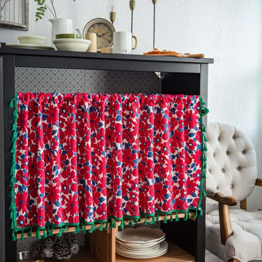 Red Floral Linen Cabinet Curtain with Tassel Trim