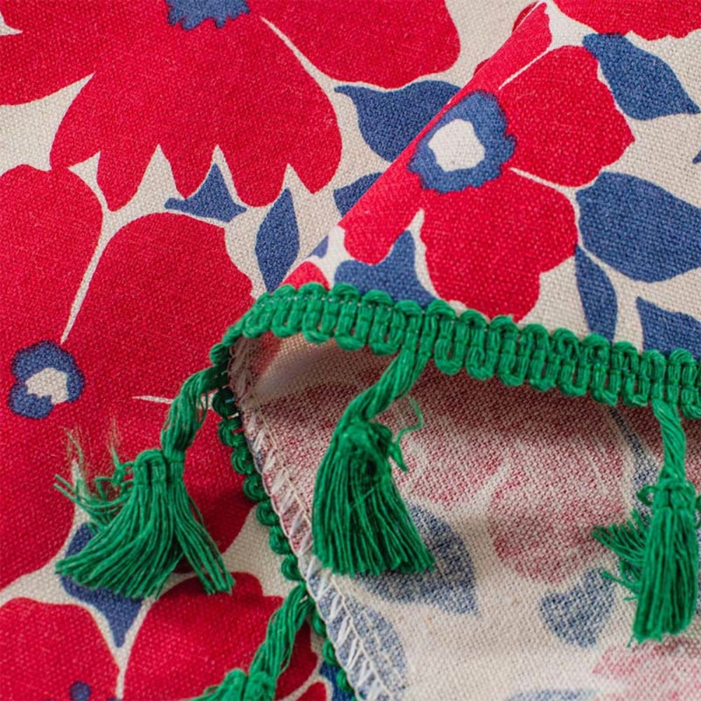 Red Floral Linen Cabinet Curtain with Tassel Trim