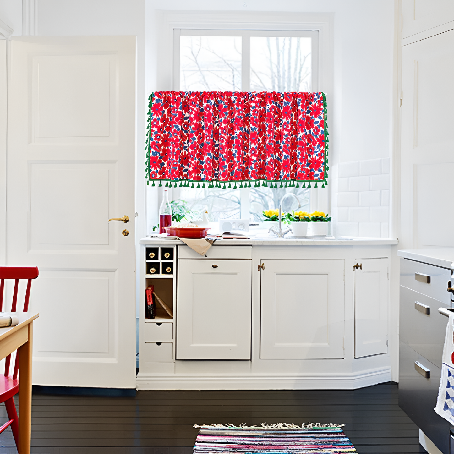 Red Floral Linen Cabinet Curtain with Tassel Trim