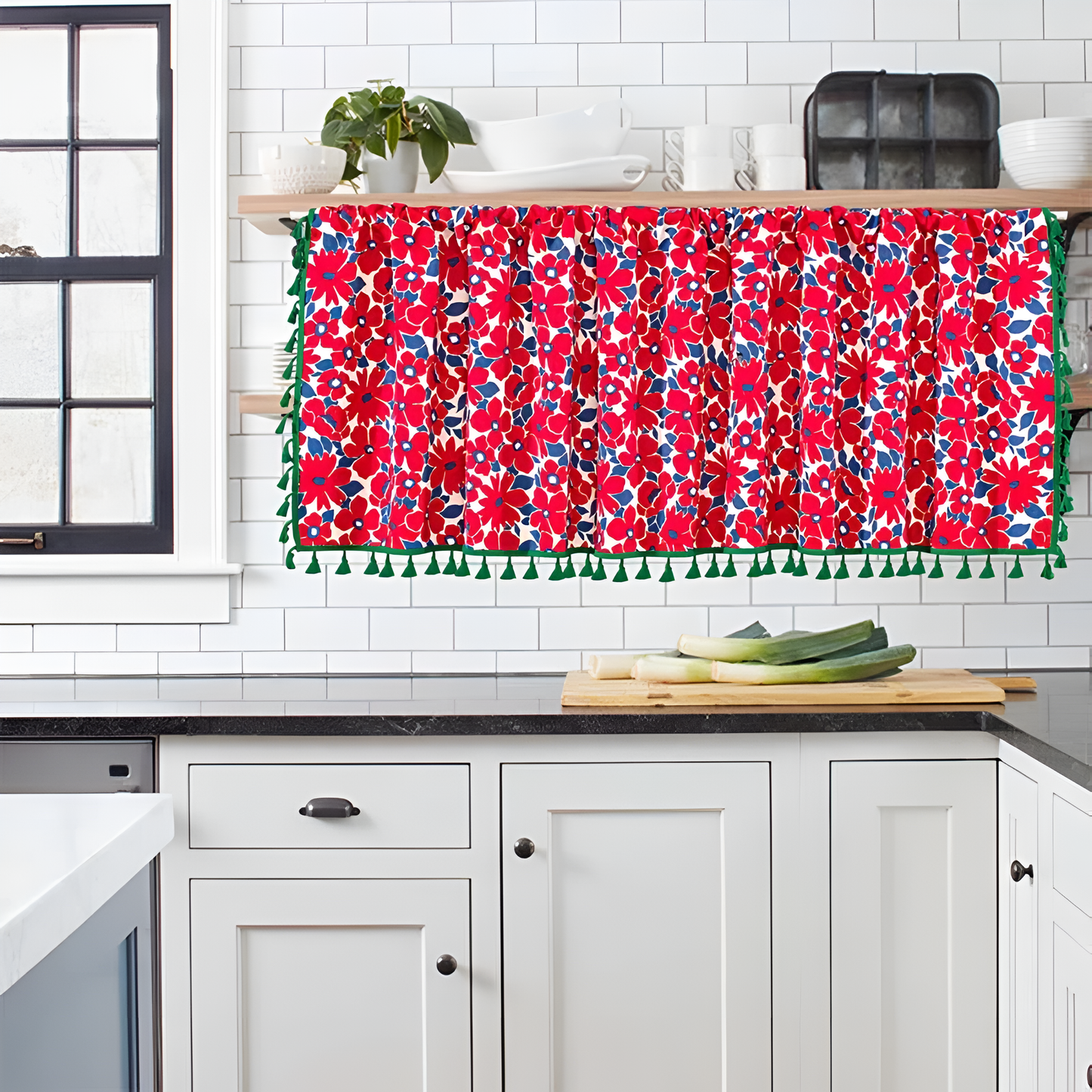 Red Floral Linen Cabinet Curtain with Tassel Trim