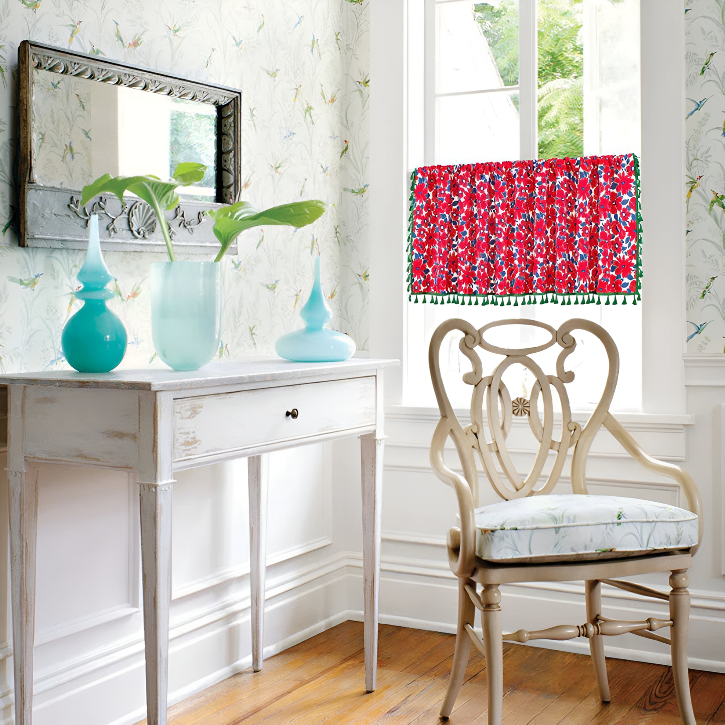 Red Floral Linen Cabinet Curtain with Tassel Trim