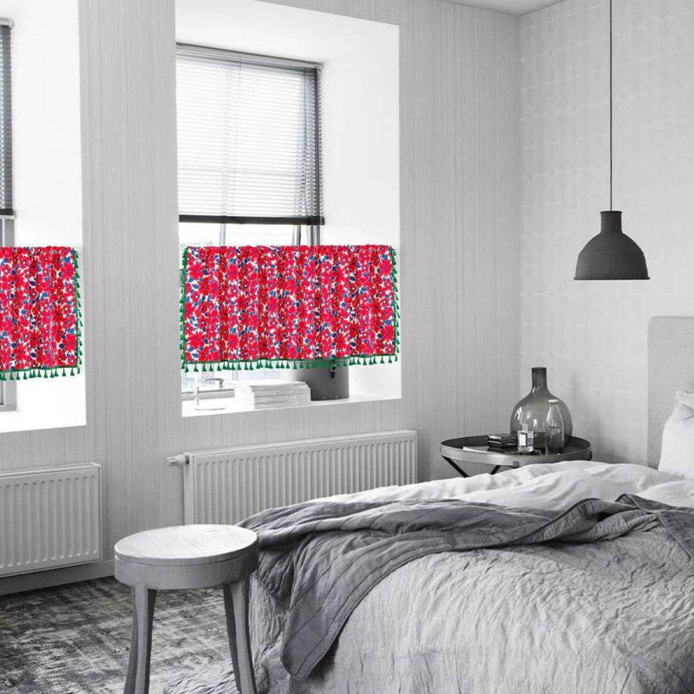 Red Floral Linen Cabinet Curtain with Tassel Trim