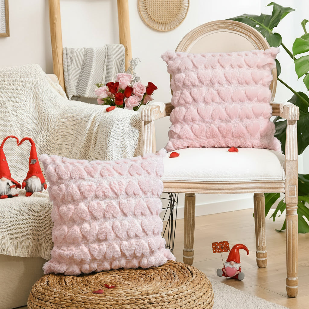 Pink Plush Valentine Heart Throw Pillow Cover