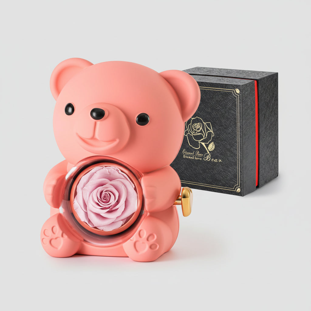 Preserved Rose Teddy Bear with Hidden Jewelry and Heart Necklace
