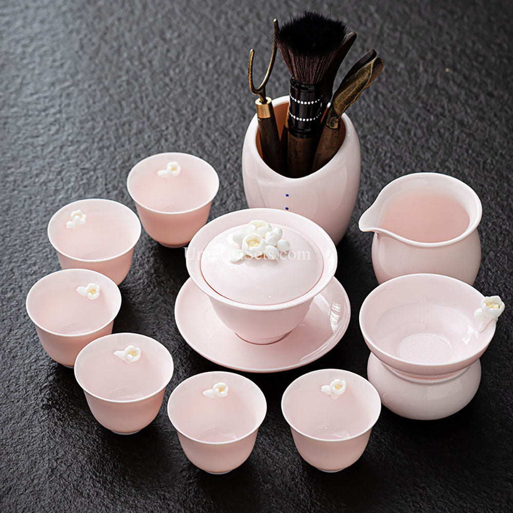 Pink Jasmine Porcelain Tea Set with Gaiwan and Teacups