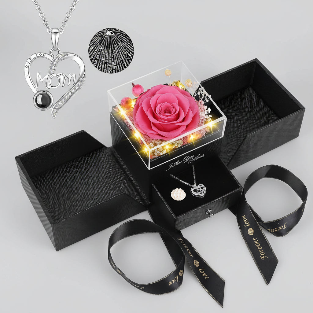 Preserved Galaxy Rose with Heart Necklace Gift Set