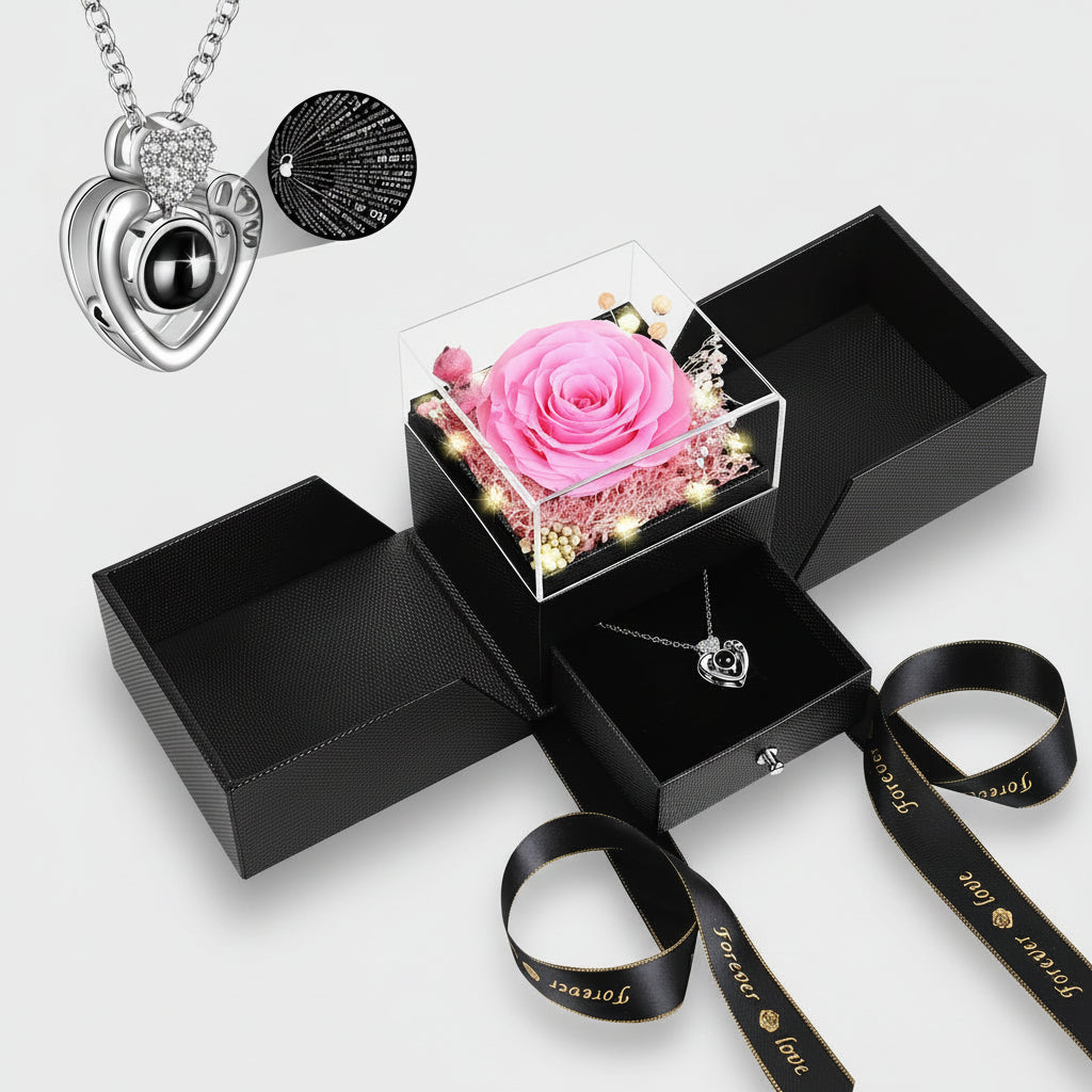Preserved Galaxy Rose with Heart Necklace Gift Set