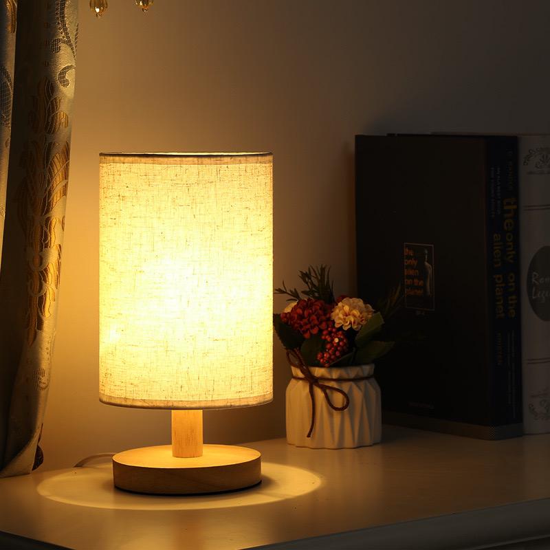 Natural Wood Dimmable Table Lamp with Fabric Shade