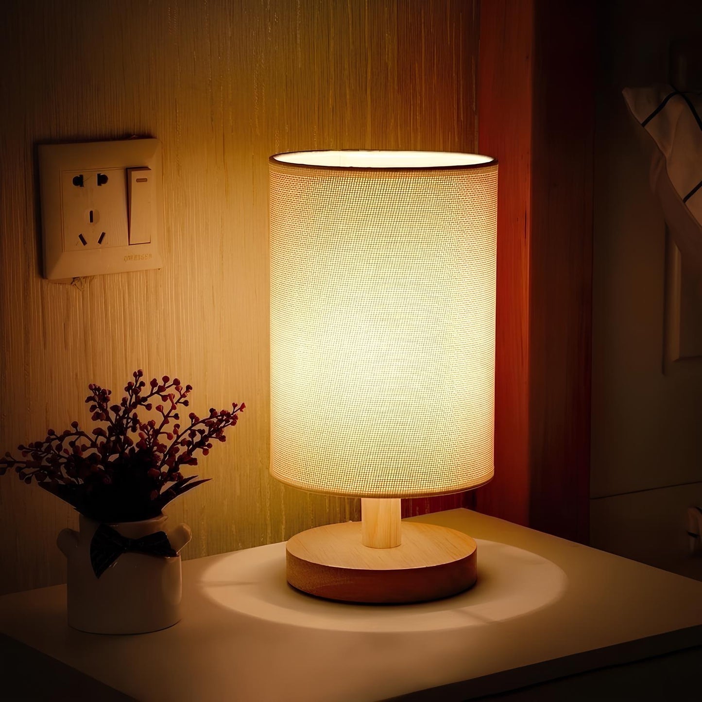 Natural Wood Dimmable Table Lamp with Fabric Shade