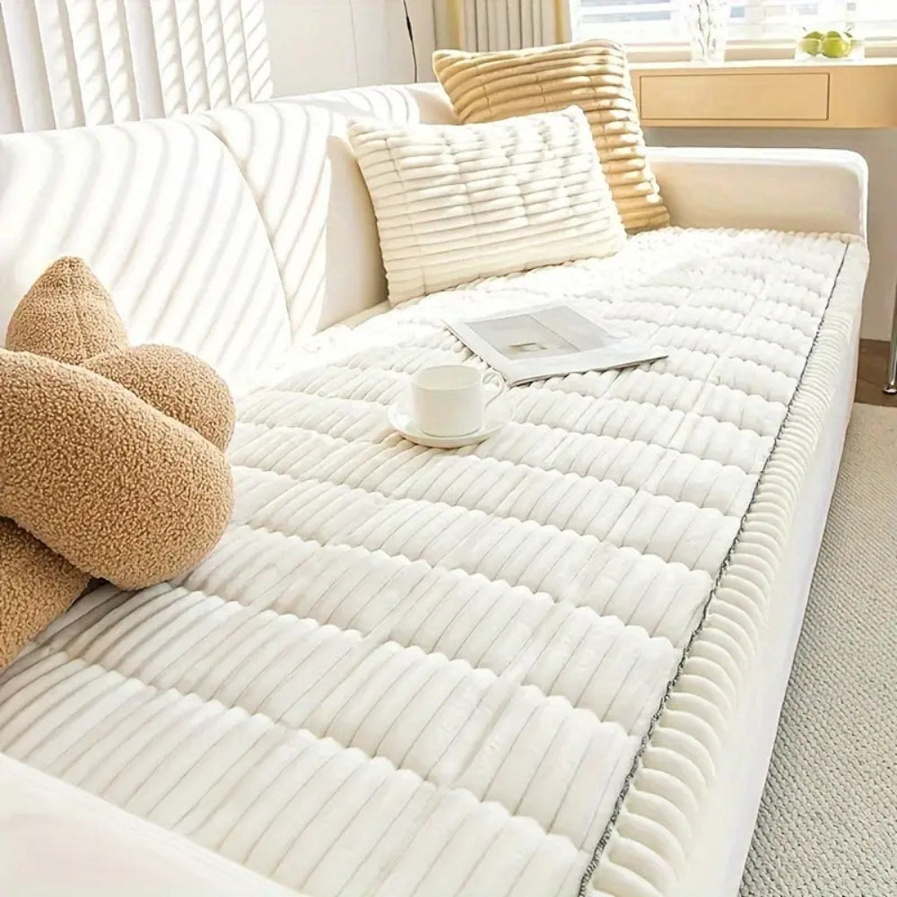 Plush Flannel Sofa Cover with Pleated Edges