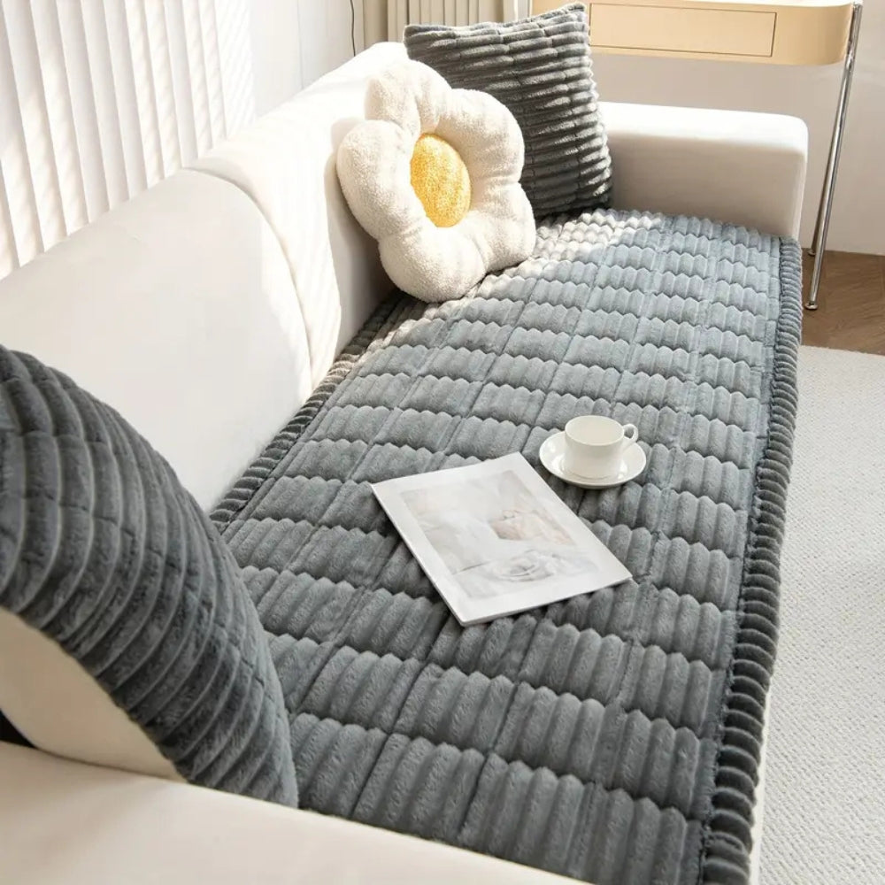 Plush Flannel Sofa Cover with Pleated Edges