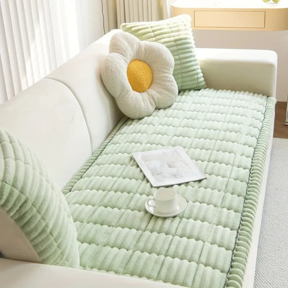 Plush Flannel Sofa Cover with Pleated Edges
