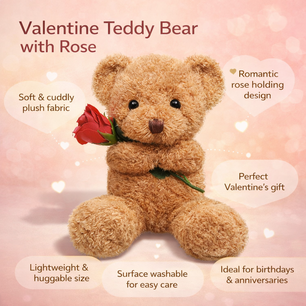 Plush Teddy Bear Holding Rose - Soft Stuffed Animal Gift