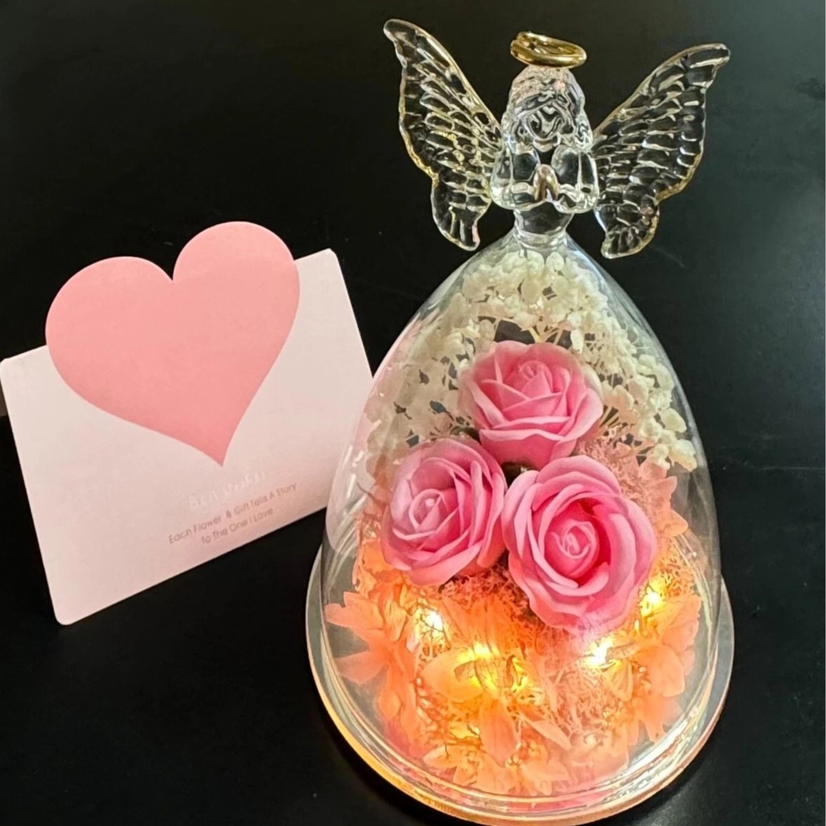 Preserved Rose Glass Angel Figurine with LED Lights