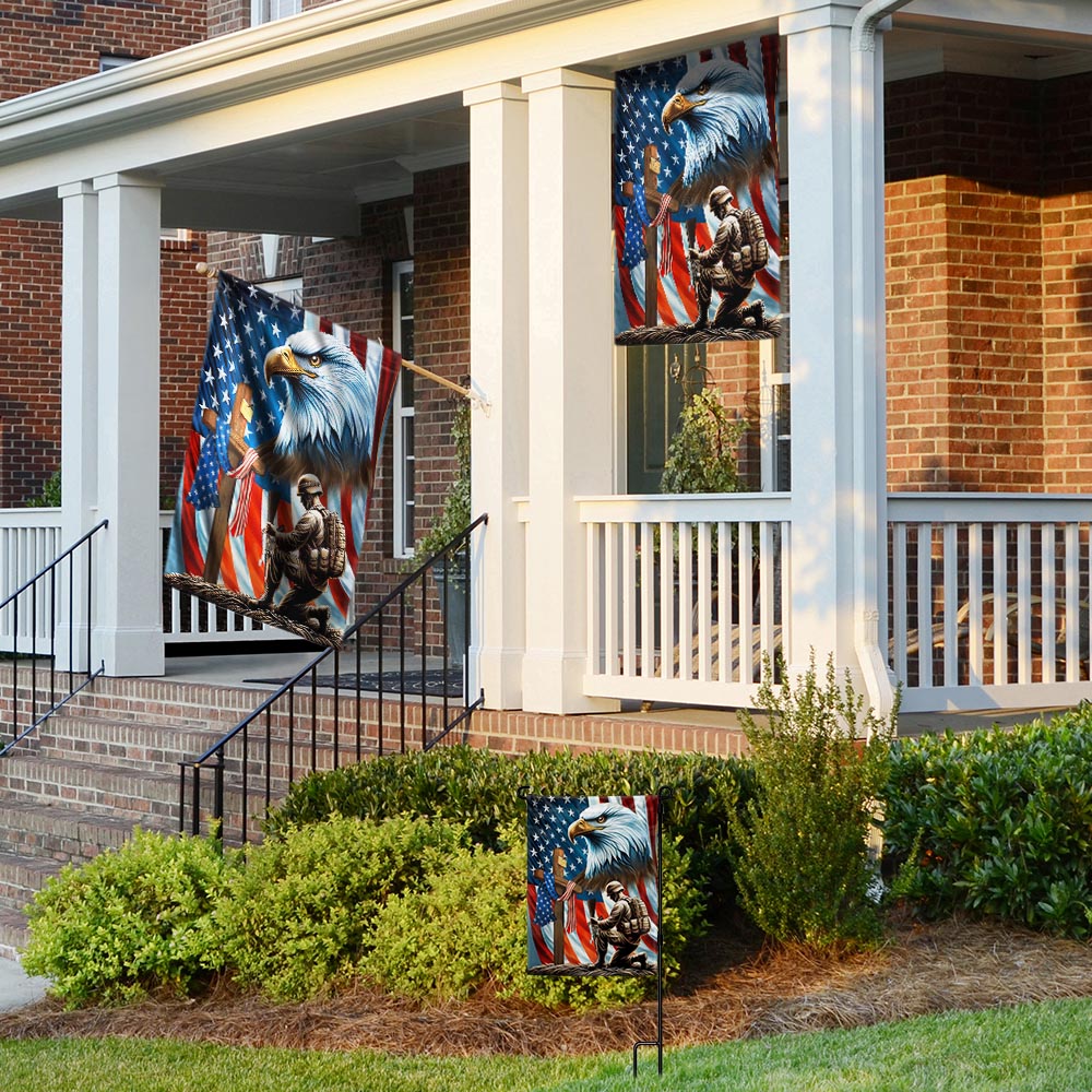 Patriotic Eagle Kneeling Soldier American Flag - Double-Sided Canvas, Memorial Day Decor