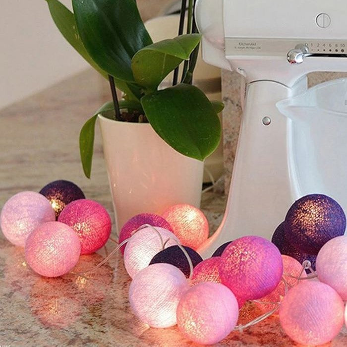 Cotton Ball String Lights - Warm Glow Decorative Garland in Various Colors
