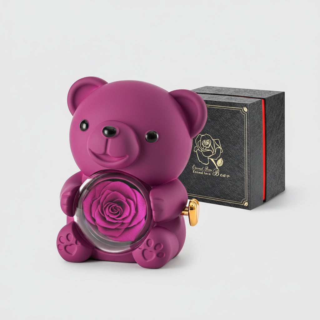 Preserved Rose Teddy Bear with Hidden Jewelry and Heart Necklace