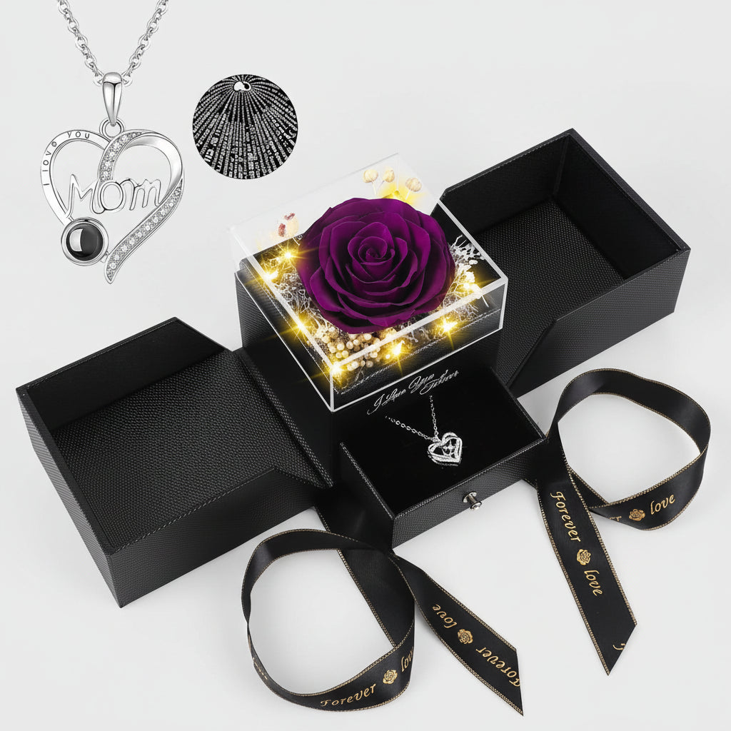 Preserved Galaxy Rose with Heart Necklace Gift Set