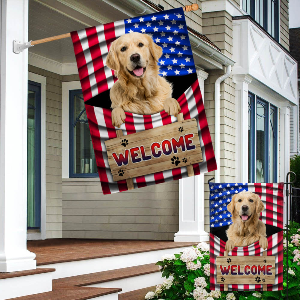 Golden Retriever Welcome Flag with American Flag Design