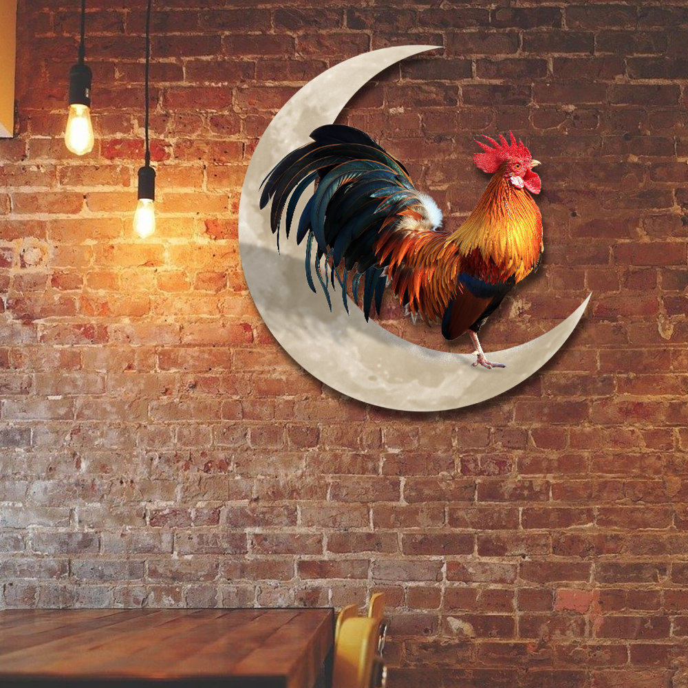 Rooster and Moon Metal Wall Sign, Customizable Farm Decor