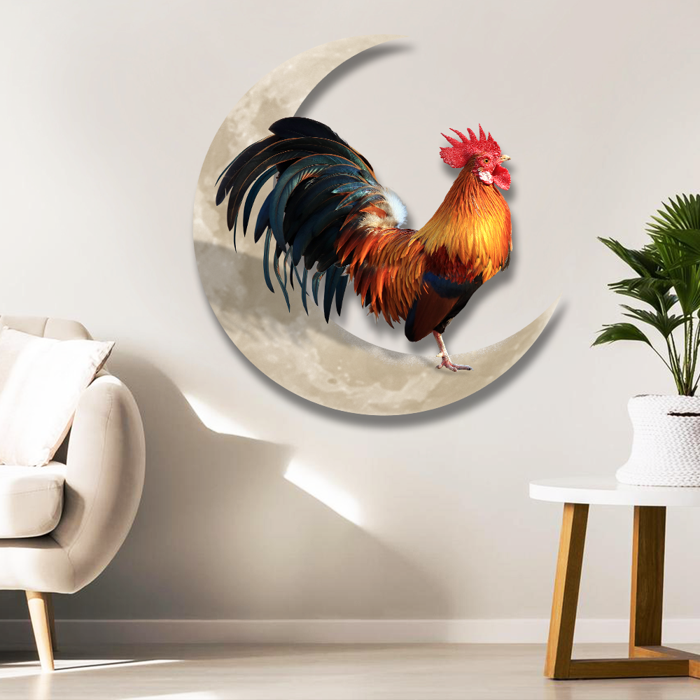 Rooster and Moon Metal Wall Sign, Customizable Farm Decor