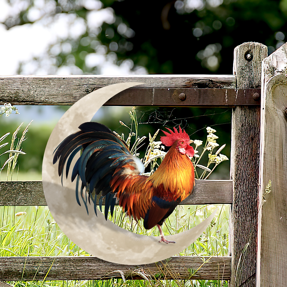 Rooster and Moon Metal Wall Sign, Customizable Farm Decor