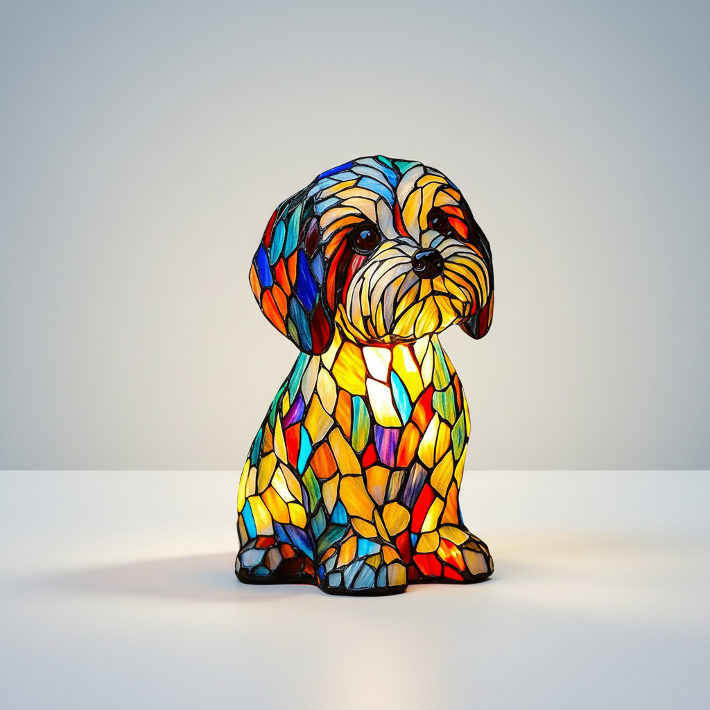 Stained Glass Dog Table Lamp with LED Night Light