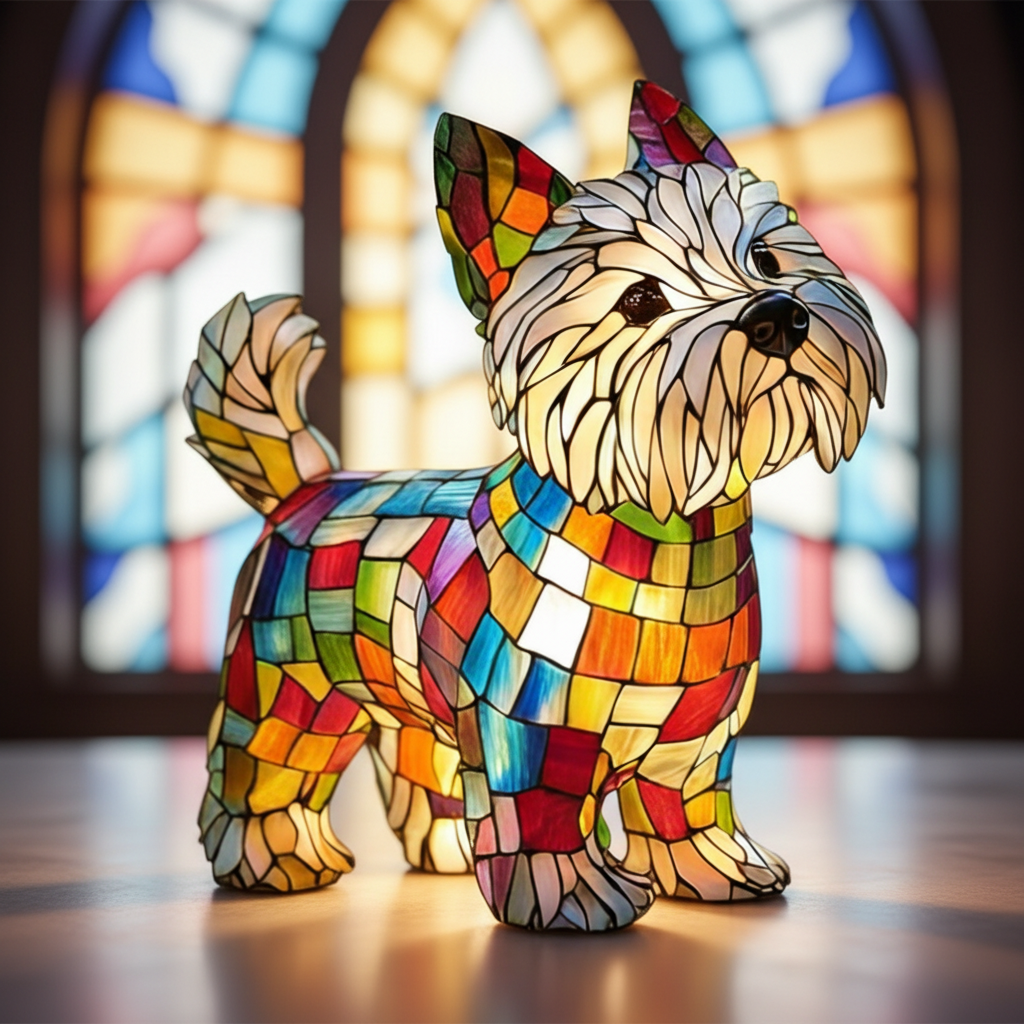 Stained Glass Dog Table Lamp with LED Night Light